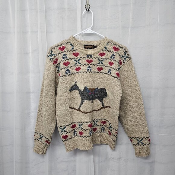 Vintage Eddie Bauer Tan Wool Rocking Horse Sweater Preppy Cabincore M - Picture 8 of 11